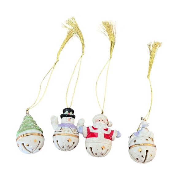 VINTAGE Lenox 4 Festive Christmas Bell Ornaments Gold White Holidays Porcelain - Picture 1 of 8